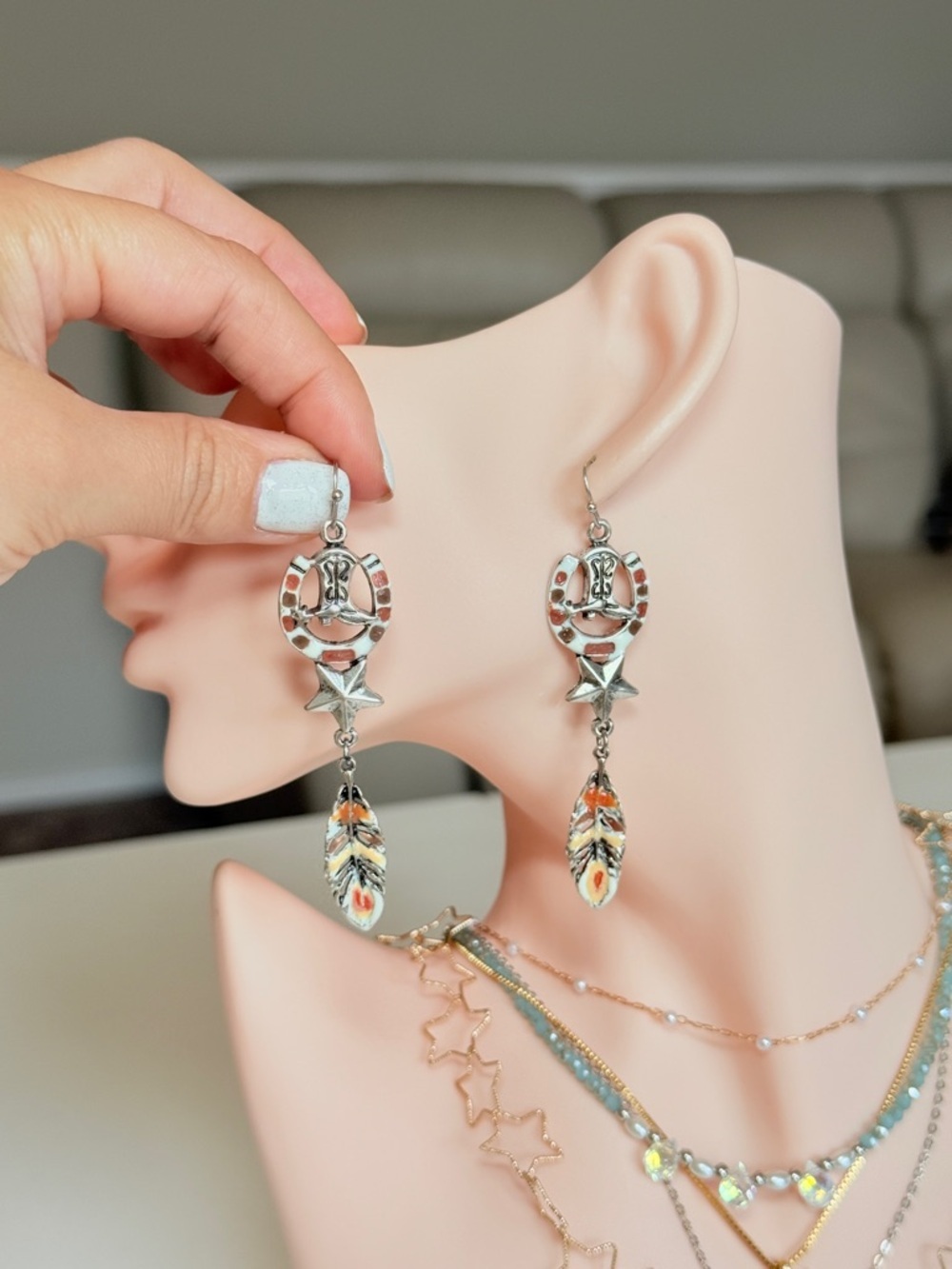 Silver-tone Boho Feather Dangle Earrings - Picture 7 of 11